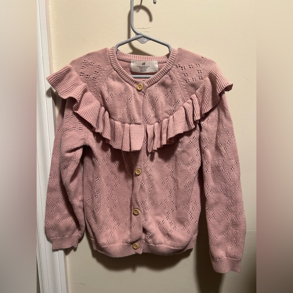 H&M Girls Sz 4-6 Pink Long Sleeve Button Down Cardigan Frilly Pointelle Knit